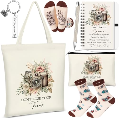 Gilprop 6 Pcs Photographer Gift Camera Lover Shopping Bag Keychain Cosmetic Bag Spiral Notebook Ballpoint Pen Socks Dont Lose Your Focus Photography Inspirational Motivational Birthday Valentine Gift