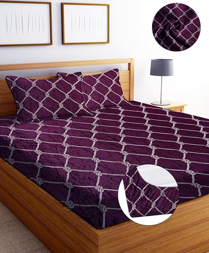 Image of Premium Elastic Fitted Warm bedsheets for Winter for Double Bed, Elastic Fitted Winter bedsheets for King Size Bed with 2 Pillow Covers, Size - 72 x 78 Inches (Wine)