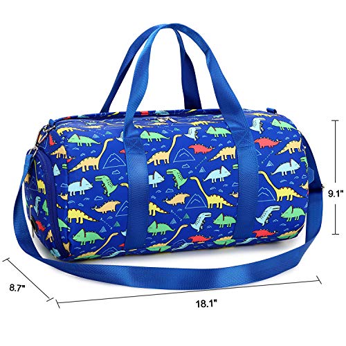 CAMTOP Kids Overnight Duffel Bag for Boys and Girls Carry-On Size Tote for Travel Gym Sport (Dinosaur-Dark Blue)