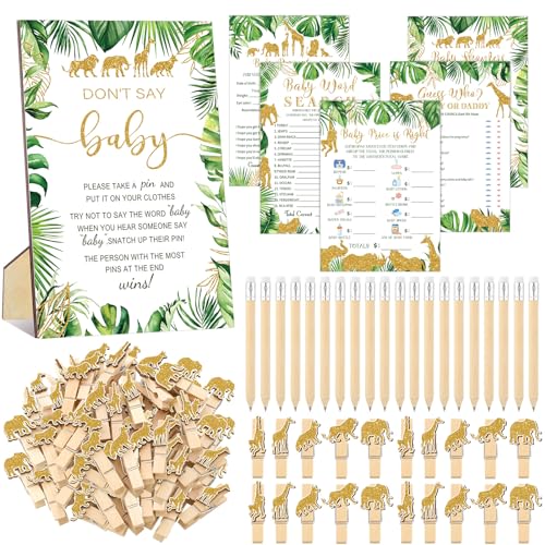 Image of Patelai 321 Pcs Safari Jungle Baby Shower Decorations Safari Jungle Animal Baby Shower Games 5 Set Golden Don't Say Serve 50 Guests for Wild One Gender Reveal Birthday Party Decorations Supplies