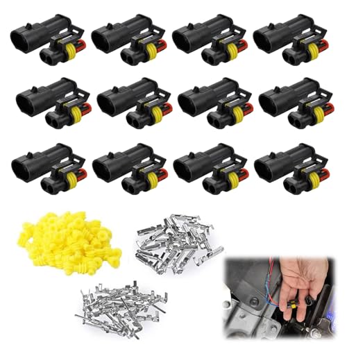 Conectores Electricos Impermeable,12pcs Conectores Electricos 2 Pines,Conectores Electricos Automocion,Conectores Sellado 2 Pin,Rápido Enchufe Terminal Kit para Automóviles,Moto,Barcos,Camiones