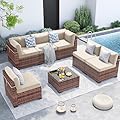 UDPATIO Patio Furniture Set,7 Pieces Outdoor Rattan Sectional Set,Modular Slanted Back Patio Conversation Set Heavy Duty Wicker Sofa for Backyard, Deck W/Coffee Table,4'' Thick Cushions,Cover,Khaki