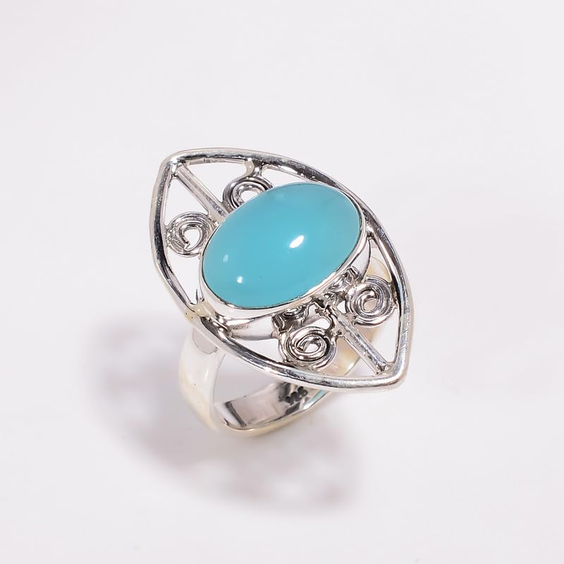 Bague en calcédoine bleue faite à la main et argent 925