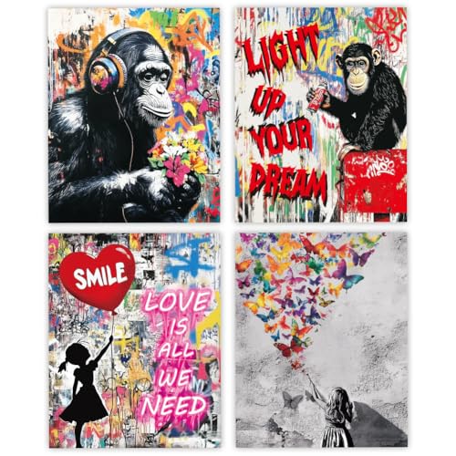 GOMAKERER 4pcs Affiche Murale Street Graffiti Monkey Citations Inspirantes Toile Animale Images Abstraites Modernes Affiche pour Décorations de Salon Chambre...
