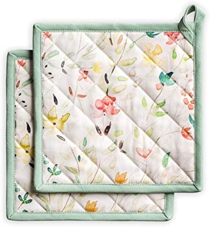 Maison d' Hermine Pot Holder 100% Cotton Heat Resistant Potholders Set of 2, 8 Inch x 8 Inch Hot Pads with Loop BBQ Cooking Grilling Microwave, Colmar - Spring/Summer