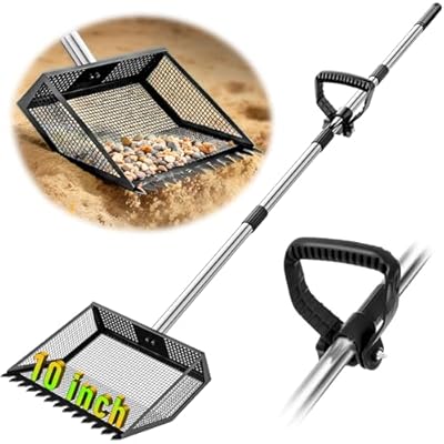 TOOGE Large Chicken Poop Scooper: 2-in-1 Metal Pooper Scooper & Rake Adjustable 62" Long Handle Stainless Steel Sand Sifting Litter Shovel Chicken Coop Scoop Cleaning for Bedding Goats Farm Yard Black
