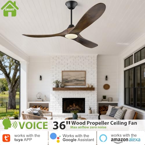 36 Inch Smart Ceiling Fan with Lights, Indoor/Outdoor Fans for Patios Damp Rated, 3 Blade Wood Propeller Low Profile, Alexa Wifi Remote Control, Quiet DC Motor for Small Bedroom Living Room Garage by TINRANSCHE - Used condition - Image 2