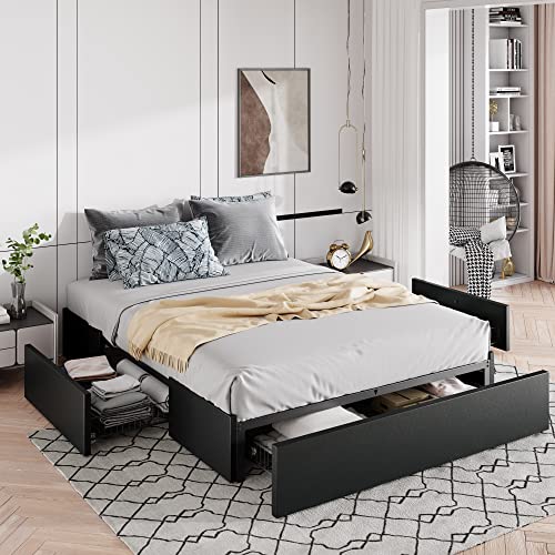 Allewie Queen Size Platform Bed Frame with 3 Storage Drawers, Fabric Upholstered, No Box Spring Needed, Metal Slats Support, Easy Assembly, Black