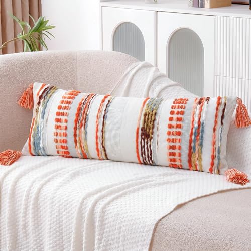 NUYECY Chenille and Cotton Long Pillow for Bed, Striped Textured Boho Lumbar Throw Pillow Cover 14x36, Neutral Accent Decorative Extra Long Body Pillow Case for Couch, Sofa, Bedroom, Red by NUYECY - Used condition - Image 4