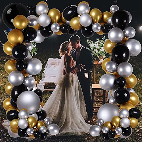 111PCS Black Gold and Silver Balloon Garland Arch Kit Metallic Black Metallic Gold Chrome Silver Latex Balloons Set for Birthday New Year Bachelorette Wedding Graduation Party Decoration