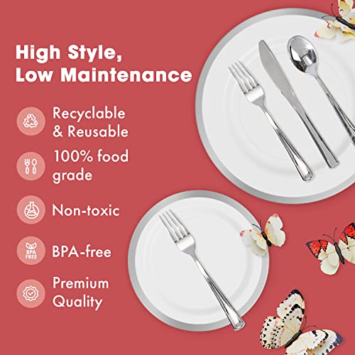 By Madee: Heavyweight Plastic Plates Disposable Dinnerware Set - Silver & Clear 150 Piece Plates Set For 25 Guests - Dinner & Salad Plates, Silverware & Gift Of 3D Butterflies - Premium Party Supplies #TOP5