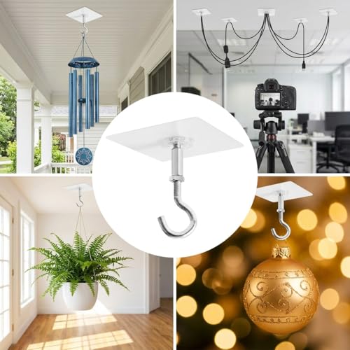 Image of HASTHIP 4Pcs Ceiling Hooks Adhesive Heavy Duty Stick On Ceiling Hangers with Large Adhesive Pads for Hanging Plants Pots, Lights Wind Chimes and Home Storage