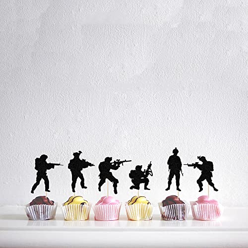 Kaoenla Military Themed Soldier Cake Toppers - 24 Pieces Paper Cups Black Glitter Soldier's Day, Veterans, Men's Birthday, Navy Army Special Forces Decorations #TOP1