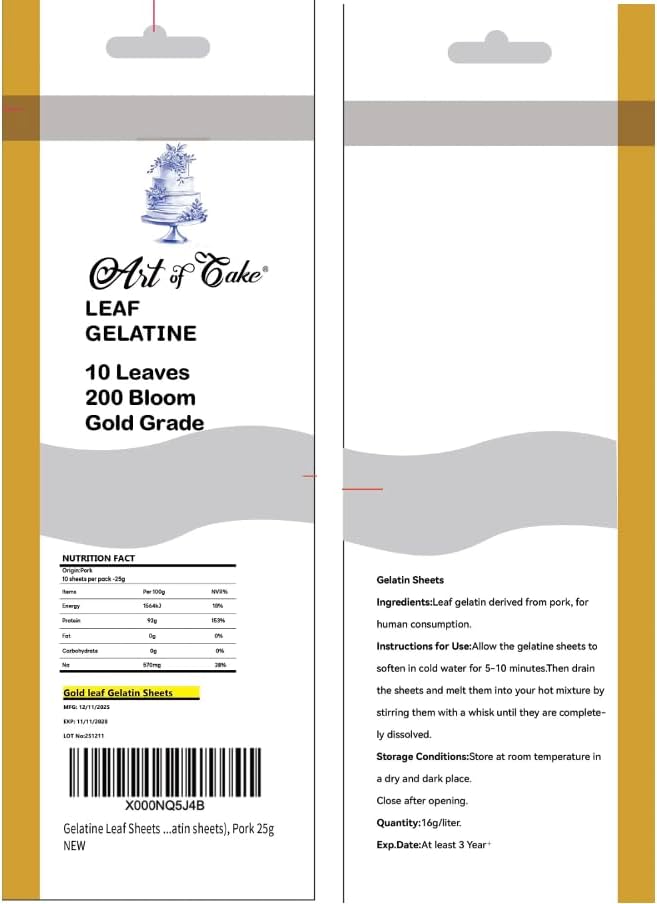 Art of cakeยฎ Gelatine Leaf Sheets (10 Sheets of GOLD standard gelatin sheets)-Pork 25g