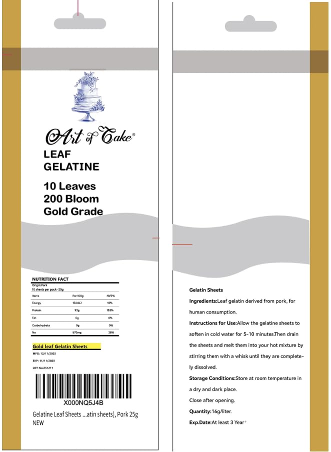 Art of cake® Gelatine Leaf Sheets (10 Sheets of GOLD standard gelatin sheets)-Pork 25g