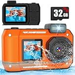 Fotocamera subacquea 4K 48MP impermeabile 32GB doppio schermo robusta antipolvere antiurto autofocus per selfie snorkeling immersioni sport viaggi (arancione)