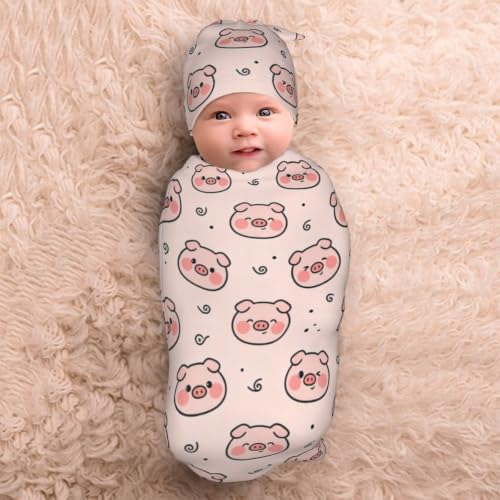 Image of Cute Pig Baby Stuff Swaddle Blanket with Hat, Newborn Receiving Blanket Set