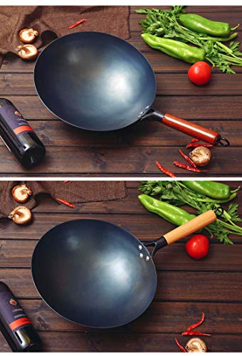 Chinese 100% Hand Hammered Iron Woks Stir Fry Pans, Non-Stick, No Coating, Less Oil, 30Cm, Black Seasoned Wooden Handle #TOP4