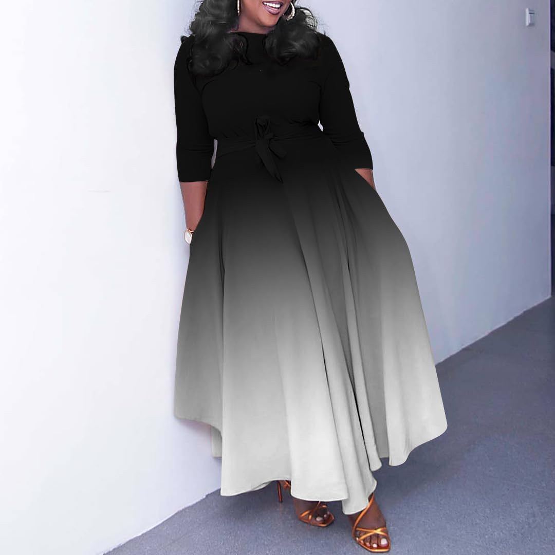 BFFBABY Women's Wrap V Neck Plus Size Maxi Dresses 3/4 Sleeves Chain Floral Printed Swing Dress with Belt - Image 2