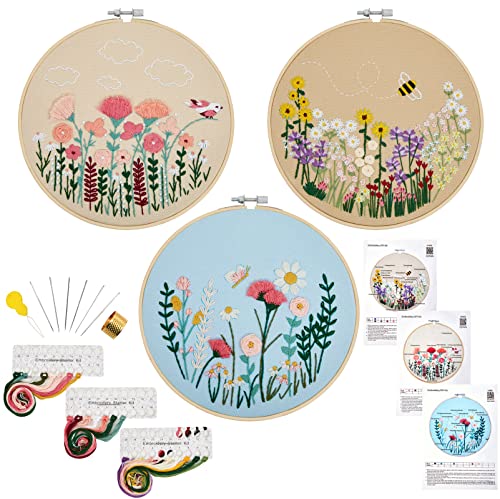 Armindou 3 Sets Embroidery Starter Kits With Flowers Pattern For Adults Beginners, Floral Stamped Cross Stitch Kit, Hand Diy Needlepoint Kit, 3 Embroidery Hoops, 3 Embroidery Fabric, Needles, Threads #TOP6