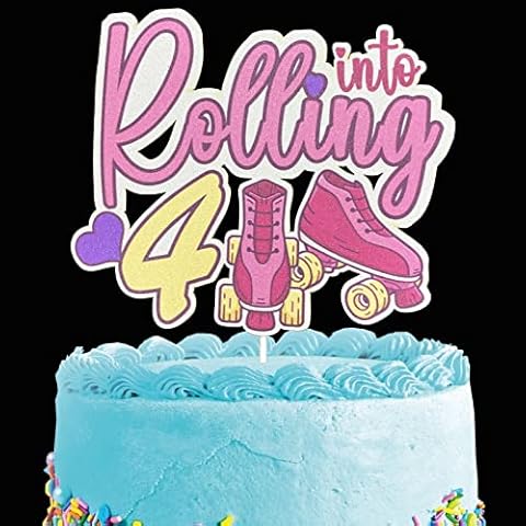 Roller skating 4th Birthday Cake Topper - Rolling into 4 Cake Topper - Glitter Colorful Roller Theme Boy Girl Happy Birthday Party Decorations Supplies (4th) Cover