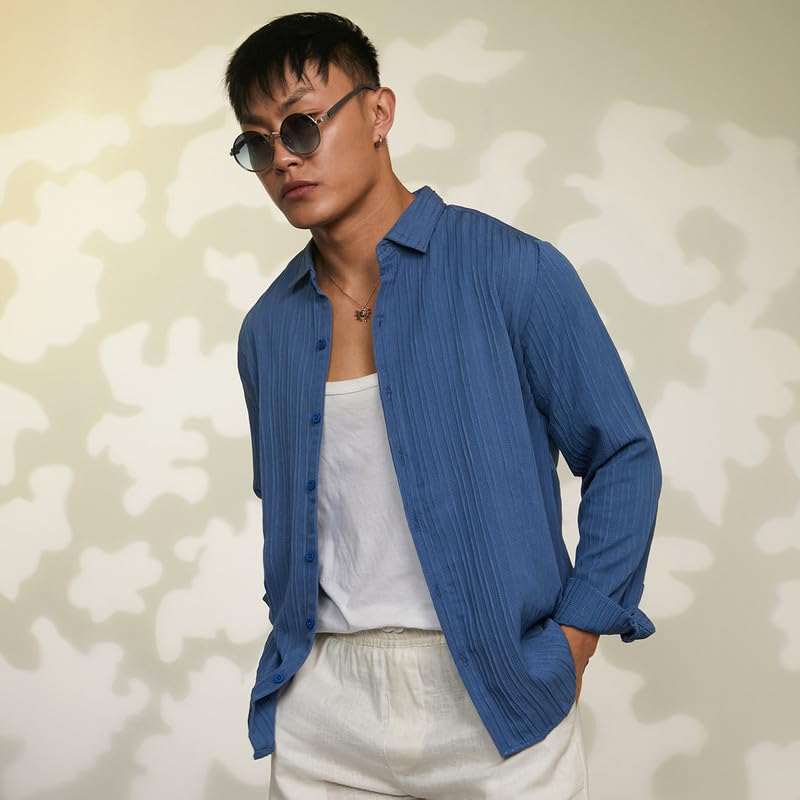 Image of CAHOOT Men's Veined-Textured Shirt | Casual Wear | Spread Collar | Long Sleeve | Button Closure | Shirt Crafted with Comfort Fit for Everyday Wear