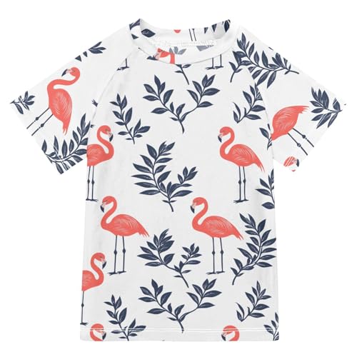 ALAZA Boys Swim Shirts Toddler Rash Guard Short Sleeve Rashguard Flamingo Leaf UPF 50+ 11-12T