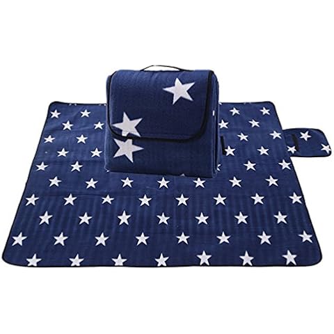 JameStyle26 Star Picnic Blanket BBQ Mat Garden Camping Outdoor Beach Blanket Polka Dot Beach Waterproof Underfloor XXL 200 x 200 cm (Blue with Star) Cover