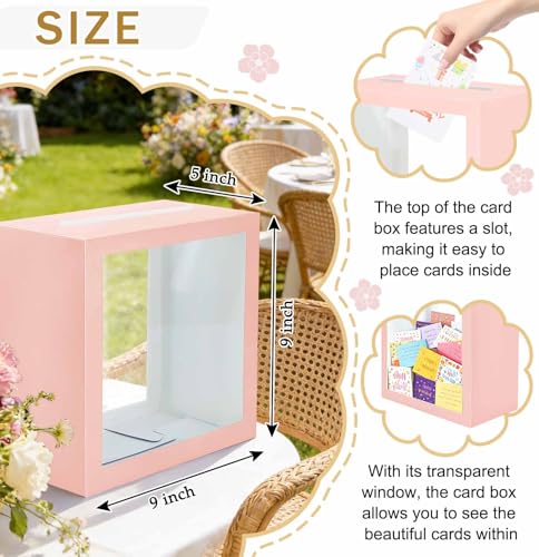 Image of SietDESEO Pink Card Box for Party with Clear Window Large Gift Card Box Holder for Wedding Reception Birthday Graduation Baby Shower Raffle Ticket Box