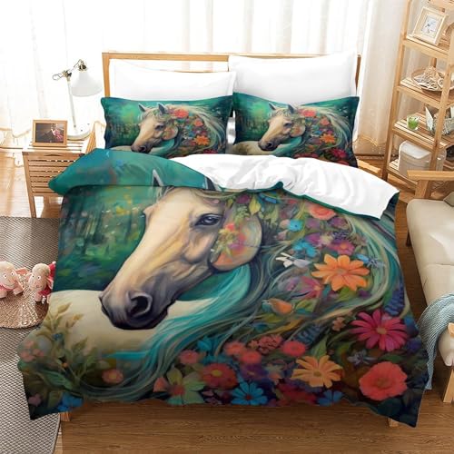 Housse de couette 3D chevaux avec fermeture éclair pour lit double 3 pièces