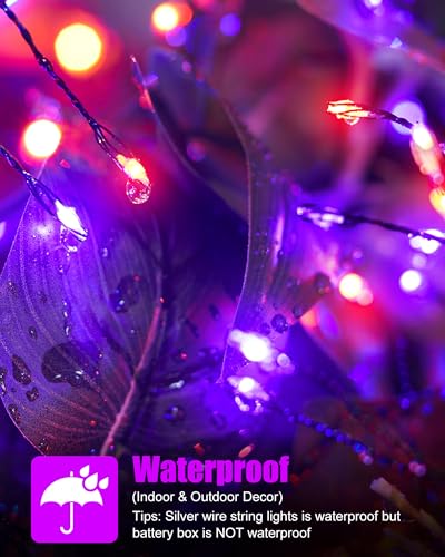 Image of Halloween Fairy Lights Battery Operated, 10 Feet 120LEDs Firecracker String Lights, Silver Wire Starry Firefly Lights for Bedroom Home Haunted House Indoor Outdoor Holiday Decorations, Orange & Purple | Waterproof Silver Wire Starry Firefly Lights for DIY Home Haunted House Indoor Outdoor Halloween Decorations, Orange & Purple