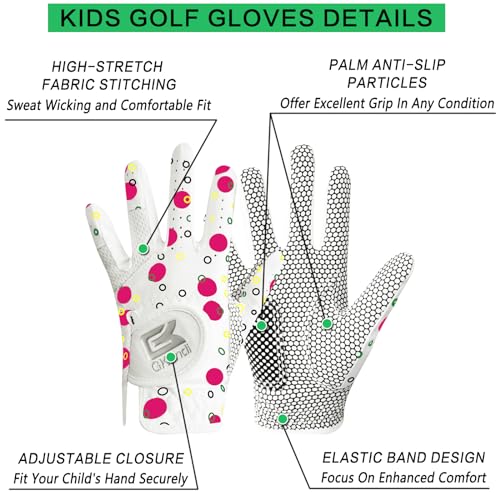 Kids Golf Glove Left Hand Value 1 Pack, Breathable Grip Soft Comfort Elastic Fabric Golf Gloves for Boys Girls Junior Youth Tooddler Pink Age 3-13