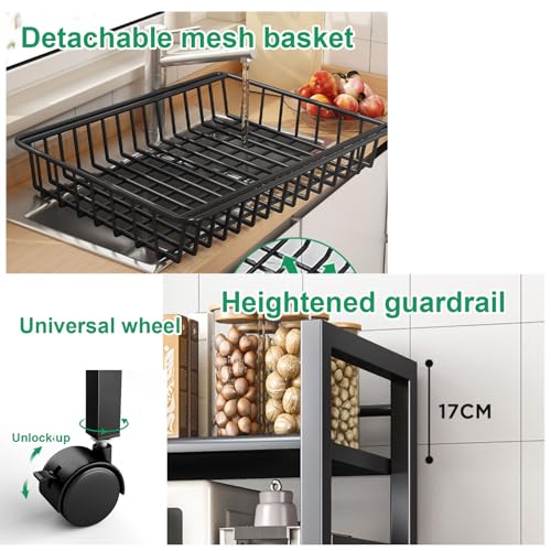 Carrello da Cucina con Ruote, Carrello per microonde con Contenitore - Scaffale da Cucina, Ripiani e Ripiani Regolabili, Ripiani in Metallo robusti con Ruote, Carrello per Frutta e Verdura