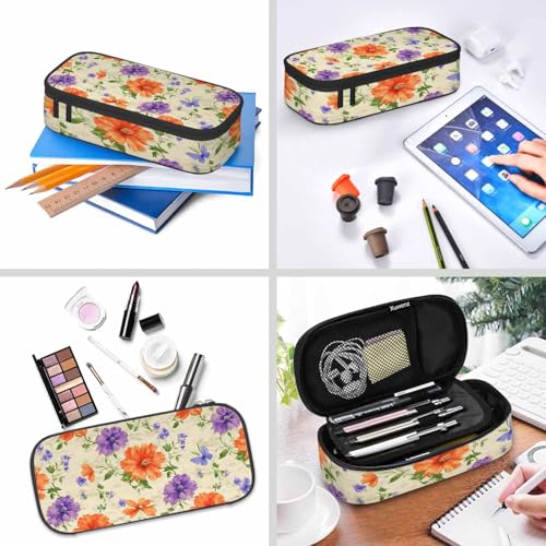 Image of Flower Pencil Case Purple Orange Tropical Flower Watercolor Pencil Bag Pen Markers Pouch Holder Organizer for Boy Girl School Students