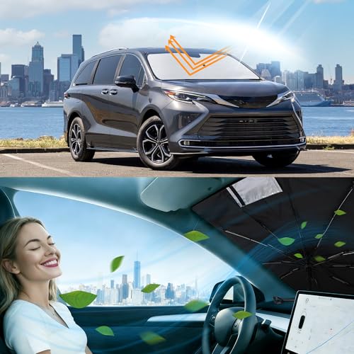 Image of Windshield Sun Shade Umbrella for 2021-2026 Toyota Sienna | Full covered for windshield, Block UV Rays, Heat Reduction, Easy to install, Durable & Fold Up Small