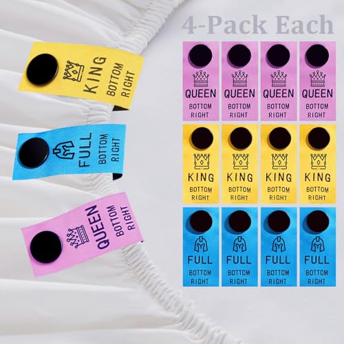 SheetSnaps 12-Pack Color-Coded Bed Sheet Labels Snap-On Tags for Queen King & Full Sizes Machine Washable Sheet Organizer for Effortless Bed-Making