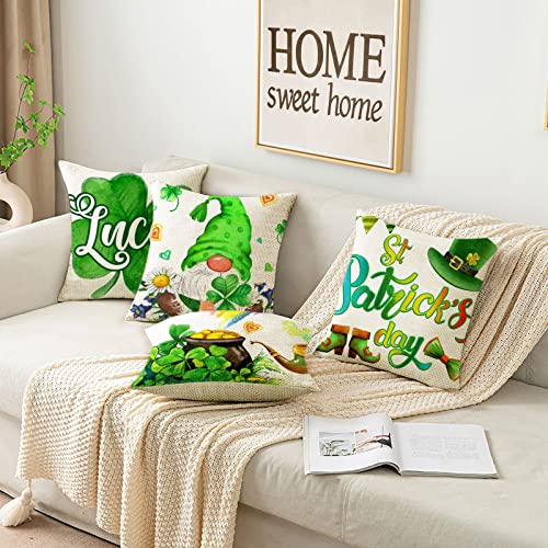 Leitingya Set Of 4 Throw Pillow Covers 18X18, St Patricks Day Gnomes Green Pillow Covers 18X18 Inch, Decorative Lucky Charm Shamrocks Couch Pillow Covers For Gift, Living Room, Bedroom, Sofa, Chair #TOP1