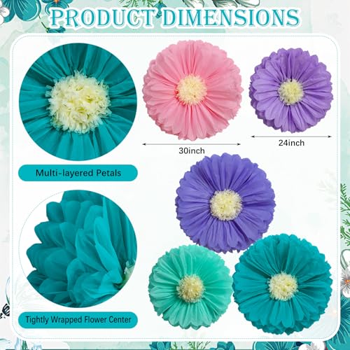 Image of Chunful 5 Pcs 30'' 24'' Gaint Colorful Paper Flower Boho Hanging Tissue Paper Flowers Wall Decoration Large Pink Blue Purple Large Crepe Flower for Baby Shower Wedding Birthday Classroom Bridal Shower