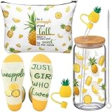 3 Pcs Pineapple Gifts Set for Women Bulk Hawaiian Funny Fruit Gifts for Mother Sister Pineapple Socks 16 oz Cute Drinking Glass Tumbler Cups with Lids and Straws Makeup Bags for Aloha Birthday Party