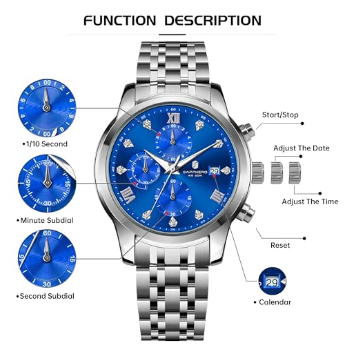 Image of Sapphero Watches for Men Waterproof Luminous Watches with Date Dial Chronograph Analog Quartz Movement Steel Stainless Business Wrist Watches Mens Gifts