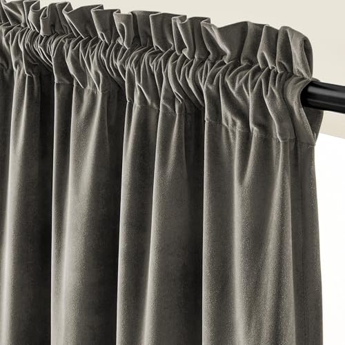Image of Grey Velvet Curtains Modern Luxury Rod Pocket 52x108 Inch 2 Panels | Room Darkening, For Tall Windows & High Ceilings, Light Shifting Texture, Elegant Drape, Soft, Cozy
