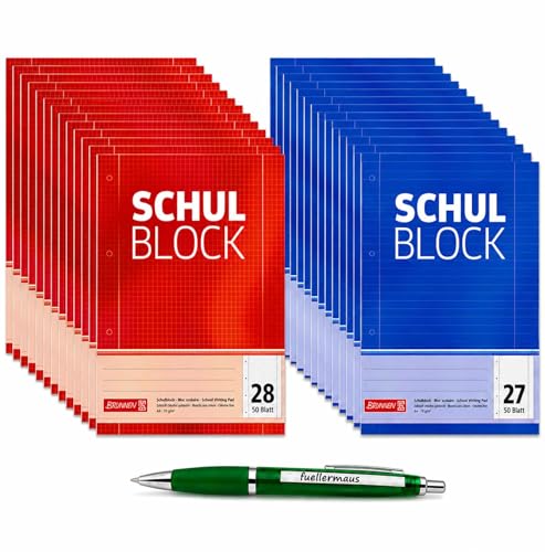 fuellermaus Schulblöcke Sparpack 10x liniert 10 x kariert - mit Rand 50 Blatt + 1 Kugelschreiber füllermaus