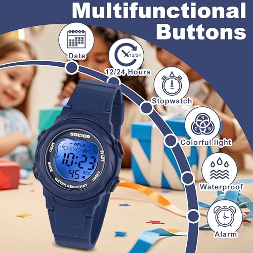 SOCICO Kids Digital Watches for Girls Boys, 7 Color Lights Waterproof Sport Outdoor Wristwatch with Stopwatch, Alarm, Date, Great Gift for Child Ages 5-122