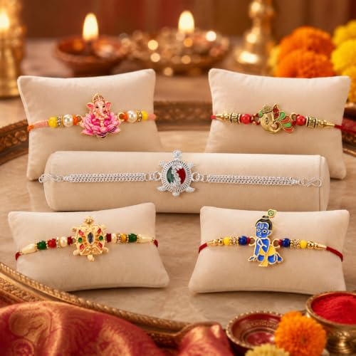 Image of Periapt Rakhi Gift Set for Brother & Bhabhi - Traditional Rakhis with Silver Coin & Greeting Card - Combo for Raksha Bandhan