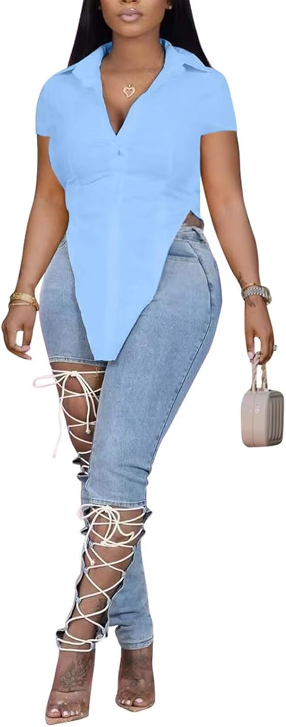 Women Collar V Neck Button Down Slit Hem Short Sleeve Blouse Long Shirts Top - Image 4