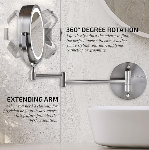 Image of OVENTE 7 inch Wall Mounted Lighted Makeup Mirror, Nickel Brushed MFW70BR1X10X | Cordless Double Sided 1X /10X Magnifying Mirror for Bathroom with LED Lights, 360 Rotation, Extendable Arm, Battery Operated