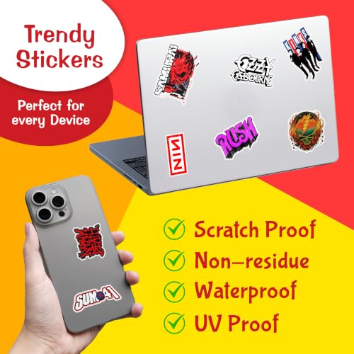 Image of 49-Pack Classic Rock Band Vinyl Stickers (3 Inch)- Waterproof Multicolor Self-Adhesive Decals for Laptop, Mobile Phone, Journal, Metal & Wooden Surfaces - Residue-Free Music Sticker Set