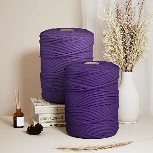Image of ZUEXT Macrame Cord, Dark Violet, 5mm x 328yds Cotton String Macrame Yarn | Natural Handmade, 4 Strands Twisted Cotton Rope, for Craft Wall Hanging Weaving Tapestry Dream Catchers Hanger DIY Gift, 300m