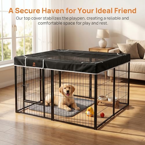 Image of PJYuCien Square Playpen Top Cover for 24'' Width 8 Panel Pen, Black | More Peace of Mind, More Safe, and Reduce Mess, Suitable for Puppy, Duck, and Other Small Animals, Adhesive Tape Connect