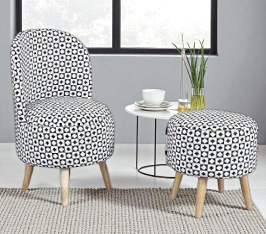 Image of Ottoman for Living Room, Velvet Round Foot Rest Stool, Wooden Legs Chair for Sitting, Ottoman for Bedroom & Makeup Room Decor | Chair (18 inchx18 inchx32 inch), Puffy (16 inchx16 inchx17 inch) | Black Diamond